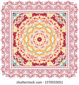 Decorative colorful ornament on white background, symmetric pattern with doodle lace frame. Tribal ethnic mandala decor. Bandana shawl, hijab, tablecloth fabric print, silk neck scarf, kerchief design