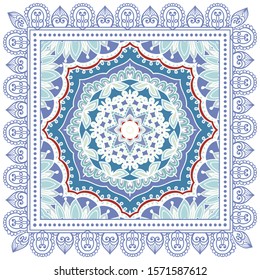 Decorative colorful ornament on white background, symmetric pattern with doodle lace frame. Tribal ethnic mandala decor. Bandana shawl, hijab, tablecloth fabric print, silk neck scarf, kerchief design