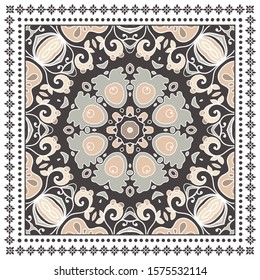 Decorative colorful ornament on white background, symmetric pattern with doodle lace frame. Tribal ethnic mandala decor. Bandana shawl, hijab, tablecloth fabric print, silk neck scarf, kerchief design