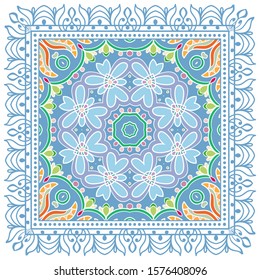 Decorative colorful ornament on white background, symmetric pattern with doodle lace frame. Tribal ethnic mandala decor. Bandana shawl, hijab, tablecloth fabric print, silk neck scarf, kerchief design