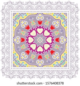 Decorative colorful ornament on white background, symmetric pattern with doodle lace frame. Tribal ethnic mandala decor. Bandana shawl, hijab, tablecloth fabric print, silk neck scarf, kerchief design