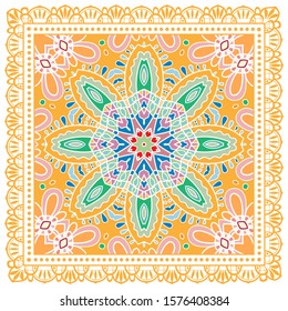 Decorative colorful ornament on white background, symmetric pattern with doodle lace frame. Tribal ethnic mandala decor. Bandana shawl, hijab, tablecloth fabric print, silk neck scarf, kerchief design