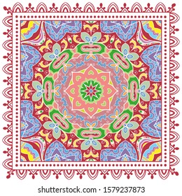 Decorative colorful ornament on white background, symmetric pattern with doodle lace frame. Tribal ethnic mandala decor. Bandana shawl, hijab, tablecloth fabric print, silk neck scarf, kerchief design