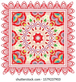 Decorative colorful ornament on white background, symmetric pattern with doodle lace frame. Tribal ethnic mandala decor. Bandana shawl, hijab, tablecloth fabric print, silk neck scarf, kerchief design