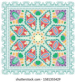 Decorative colorful ornament on white background, symmetric pattern with doodle lace frame. Tribal ethnic mandala decor. Bandana shawl, hijab, tablecloth fabric print, silk neck scarf, kerchief design