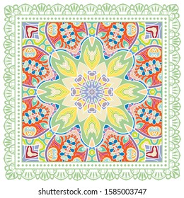 Decorative colorful ornament on white background, symmetric pattern with doodle lace frame. Tribal ethnic mandala decor. Bandana shawl, hijab, tablecloth fabric print, silk neck scarf, kerchief design