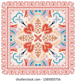 Decorative colorful ornament on white background, symmetric pattern with doodle lace frame. Tribal ethnic mandala decor. Bandana shawl, hijab, tablecloth fabric print, silk neck scarf, kerchief design