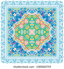 Decorative colorful ornament on white background, symmetric pattern with doodle lace frame. Tribal ethnic mandala decor. Bandana shawl, hijab, tablecloth fabric print, silk neck scarf, kerchief design