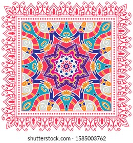 Decorative colorful ornament on white background, symmetric pattern with doodle lace frame. Tribal ethnic mandala decor. Bandana shawl, hijab, tablecloth fabric print, silk neck scarf, kerchief design