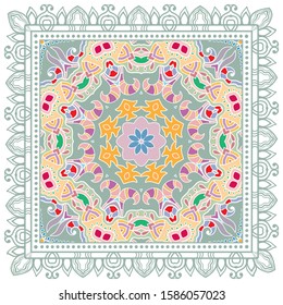 Decorative colorful ornament on white background, symmetric pattern with doodle lace frame. Tribal ethnic mandala decor. Bandana shawl, hijab, tablecloth fabric print, silk neck scarf, kerchief design