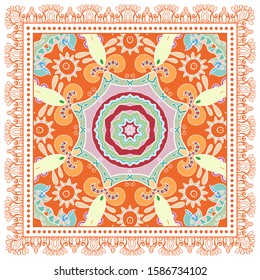 Decorative colorful ornament on white background, symmetric pattern with doodle lace frame. Tribal ethnic mandala decor. Bandana shawl, hijab, tablecloth fabric print, silk neck scarf, kerchief design