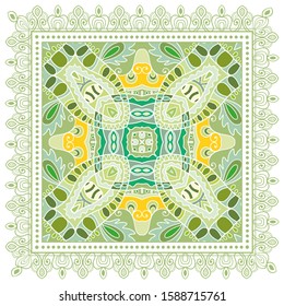 Decorative colorful ornament on white background, symmetric pattern with doodle lace frame. Tribal ethnic mandala decor. Bandana shawl, hijab, tablecloth fabric print, silk neck scarf, kerchief design