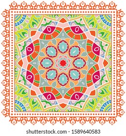 Decorative colorful ornament on white background, symmetric pattern with doodle lace frame. Tribal ethnic mandala decor. Bandana shawl, hijab, tablecloth fabric print, silk neck scarf, kerchief design