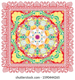Decorative colorful ornament on white background, symmetric pattern with doodle lace frame. Tribal ethnic mandala decor. Bandana shawl, hijab, tablecloth fabric print, silk neck scarf, kerchief design