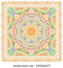Decorative colorful ornament on white background, symmetric pattern with doodle lace frame. Tribal ethnic mandala decor. Bandana shawl, hijab, tablecloth fabric print, silk neck scarf, kerchief design