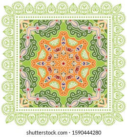 Decorative colorful ornament on white background, symmetric pattern with doodle lace frame. Tribal ethnic mandala decor. Bandana shawl, hijab, tablecloth fabric print, silk neck scarf, kerchief design