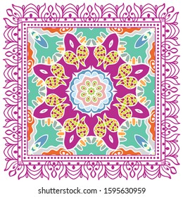 Decorative colorful ornament on white background, symmetric pattern with doodle lace frame. Tribal ethnic mandala decor. Bandana shawl, hijab, tablecloth fabric print, silk neck scarf, kerchief design