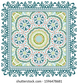 Decorative colorful ornament on white background, symmetric pattern with doodle lace frame. Tribal ethnic mandala decor. Bandana shawl, hijab, tablecloth fabric print, silk neck scarf, kerchief design