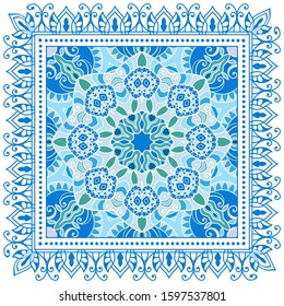 Decorative colorful ornament on white background, symmetric pattern with doodle lace frame. Tribal ethnic mandala decor. Bandana shawl, hijab, tablecloth fabric print, silk neck scarf, kerchief design