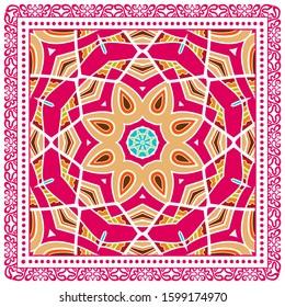 Decorative colorful ornament on white background, symmetric pattern with doodle lace frame. Tribal ethnic mandala decor. Bandana shawl, hijab, tablecloth fabric print, silk neck scarf, kerchief design
