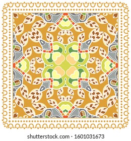 Decorative colorful ornament on white background, symmetric pattern with doodle lace frame. Tribal ethnic mandala decor. Bandana shawl, hijab, tablecloth fabric print, silk neck scarf, kerchief design