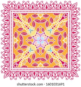 Decorative colorful ornament on white background, symmetric pattern with doodle lace frame. Tribal ethnic mandala decor. Bandana shawl, hijab, tablecloth fabric print, silk neck scarf, kerchief design