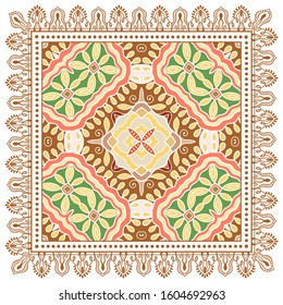 Decorative colorful ornament on white background, symmetric pattern with doodle lace frame. Tribal ethnic mandala decor. Bandana shawl, hijab, tablecloth fabric print, silk neck scarf, kerchief design