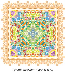 Decorative colorful ornament on white background, symmetric pattern with doodle lace frame. Tribal ethnic mandala decor. Bandana shawl, hijab, tablecloth fabric print, silk neck scarf, kerchief design