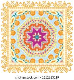 Decorative colorful ornament on white background, symmetric pattern with doodle lace frame. Tribal ethnic mandala decor. Bandana shawl, hijab, tablecloth fabric print, silk neck scarf, kerchief design