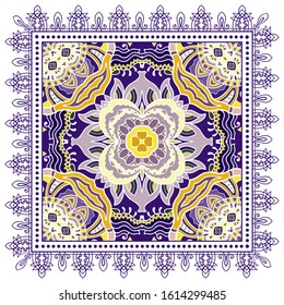 Decorative colorful ornament on white background, symmetric pattern with doodle lace frame. Tribal ethnic mandala decor. Bandana shawl, hijab, tablecloth fabric print, silk neck scarf, kerchief design