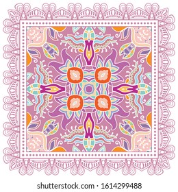 Decorative colorful ornament on white background, symmetric pattern with doodle lace frame. Tribal ethnic mandala decor. Bandana shawl, hijab, tablecloth fabric print, silk neck scarf, kerchief design