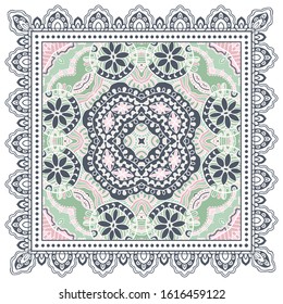 Decorative colorful ornament on white background, symmetric pattern with doodle lace frame. Tribal ethnic mandala decor. Bandana shawl, hijab, tablecloth fabric print, silk neck scarf, kerchief design