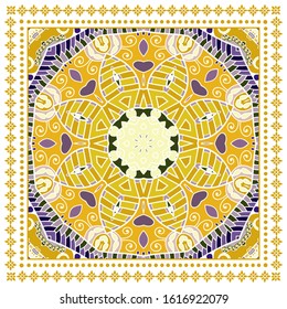 Decorative colorful ornament on white background, symmetric pattern with doodle lace frame. Tribal ethnic mandala decor. Bandana shawl, hijab, tablecloth fabric print, silk neck scarf, kerchief design
