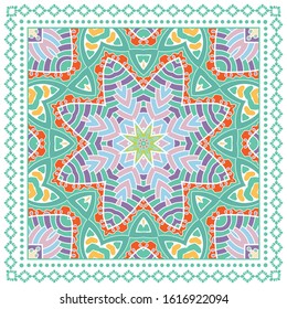 Decorative colorful ornament on white background, symmetric pattern with doodle lace frame. Tribal ethnic mandala decor. Bandana shawl, hijab, tablecloth fabric print, silk neck scarf, kerchief design