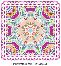 Decorative colorful ornament on white background, symmetric pattern with doodle lace frame. Tribal ethnic mandala decor. Bandana shawl, hijab, tablecloth fabric print, silk neck scarf, kerchief design