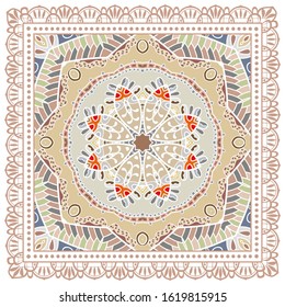 Decorative colorful ornament on white background, symmetric pattern with doodle lace frame. Tribal ethnic mandala decor. Bandana shawl, hijab, tablecloth fabric print, silk neck scarf, kerchief design