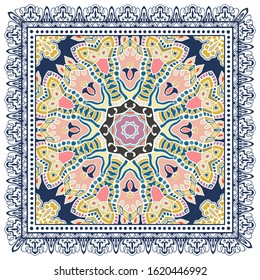 Decorative colorful ornament on white background, symmetric pattern with doodle lace frame. Tribal ethnic mandala decor. Bandana shawl, hijab, tablecloth fabric print, silk neck scarf, kerchief design