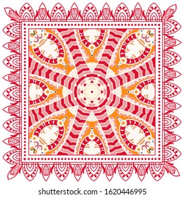 Decorative colorful ornament on white background, symmetric pattern with doodle lace frame. Tribal ethnic mandala decor. Bandana shawl, hijab, tablecloth fabric print, silk neck scarf, kerchief design