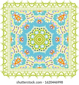 Decorative colorful ornament on white background, symmetric pattern with doodle lace frame. Tribal ethnic mandala decor. Bandana shawl, hijab, tablecloth fabric print, silk neck scarf, kerchief design