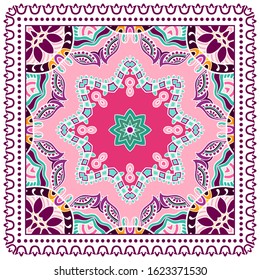 Decorative colorful ornament on white background, symmetric pattern with doodle lace frame. Tribal ethnic mandala decor. Bandana shawl, hijab, tablecloth fabric print, silk neck scarf, kerchief design