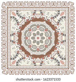 Decorative colorful ornament on white background, symmetric pattern with doodle lace frame. Tribal ethnic mandala decor. Bandana shawl, hijab, tablecloth fabric print, silk neck scarf, kerchief design