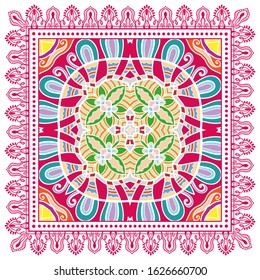 Decorative colorful ornament on white background, symmetric pattern with doodle lace frame. Tribal ethnic mandala decor. Bandana shawl, hijab, tablecloth fabric print, silk neck scarf, kerchief design