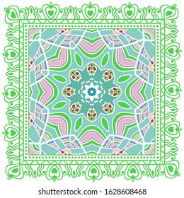 Decorative colorful ornament on white background, symmetric pattern with doodle lace frame. Tribal ethnic mandala decor. Bandana shawl, hijab, tablecloth fabric print, silk neck scarf, kerchief design