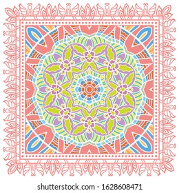 Decorative colorful ornament on white background, symmetric pattern with doodle lace frame. Tribal ethnic mandala decor. Bandana shawl, hijab, tablecloth fabric print, silk neck scarf, kerchief design