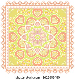 Decorative colorful ornament on white background, symmetric pattern with doodle lace frame. Tribal ethnic mandala decor. Bandana shawl, hijab, tablecloth fabric print, silk neck scarf, kerchief design