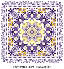 Decorative colorful ornament on white background, symmetric pattern with doodle lace frame. Tribal ethnic mandala decor. Bandana shawl, hijab, tablecloth fabric print, silk neck scarf, kerchief design