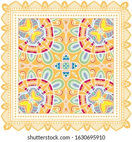 Decorative colorful ornament on white background, symmetric pattern with doodle lace frame. Tribal ethnic mandala decor. Bandana shawl, hijab, tablecloth fabric print, silk neck scarf, kerchief design