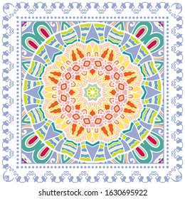 Decorative colorful ornament on white background, symmetric pattern with doodle lace frame. Tribal ethnic mandala decor. Bandana shawl, hijab, tablecloth fabric print, silk neck scarf, kerchief design