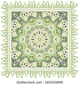 Decorative colorful ornament on white background, symmetric pattern with doodle lace frame. Tribal ethnic mandala decor. Bandana shawl, hijab, tablecloth fabric print, silk neck scarf, kerchief design