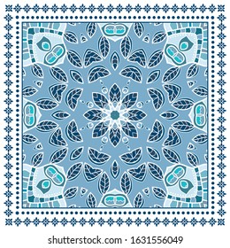 Decorative colorful ornament on white background, symmetric pattern with doodle lace frame. Tribal ethnic mandala decor. Bandana shawl, hijab, tablecloth fabric print, silk neck scarf, kerchief design